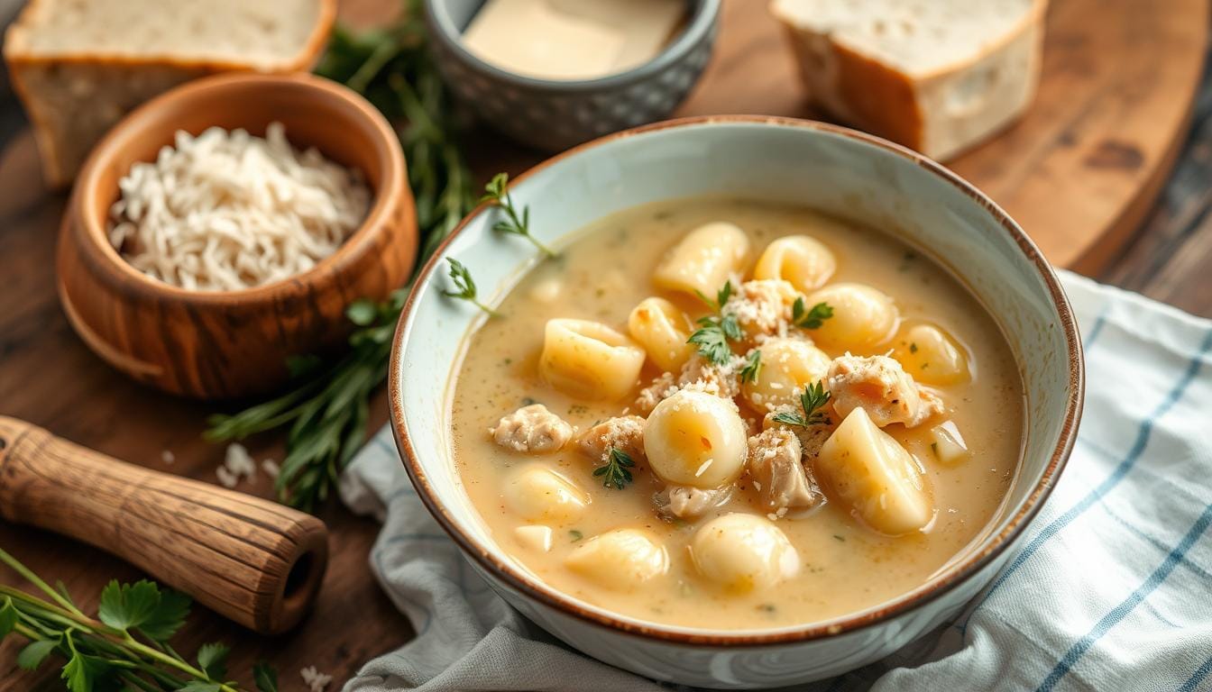 A bowl of Marry Me Chicken Gnocchi Soup garnished with fresh basil and grated Parmesan cheese, served on a wooden table.