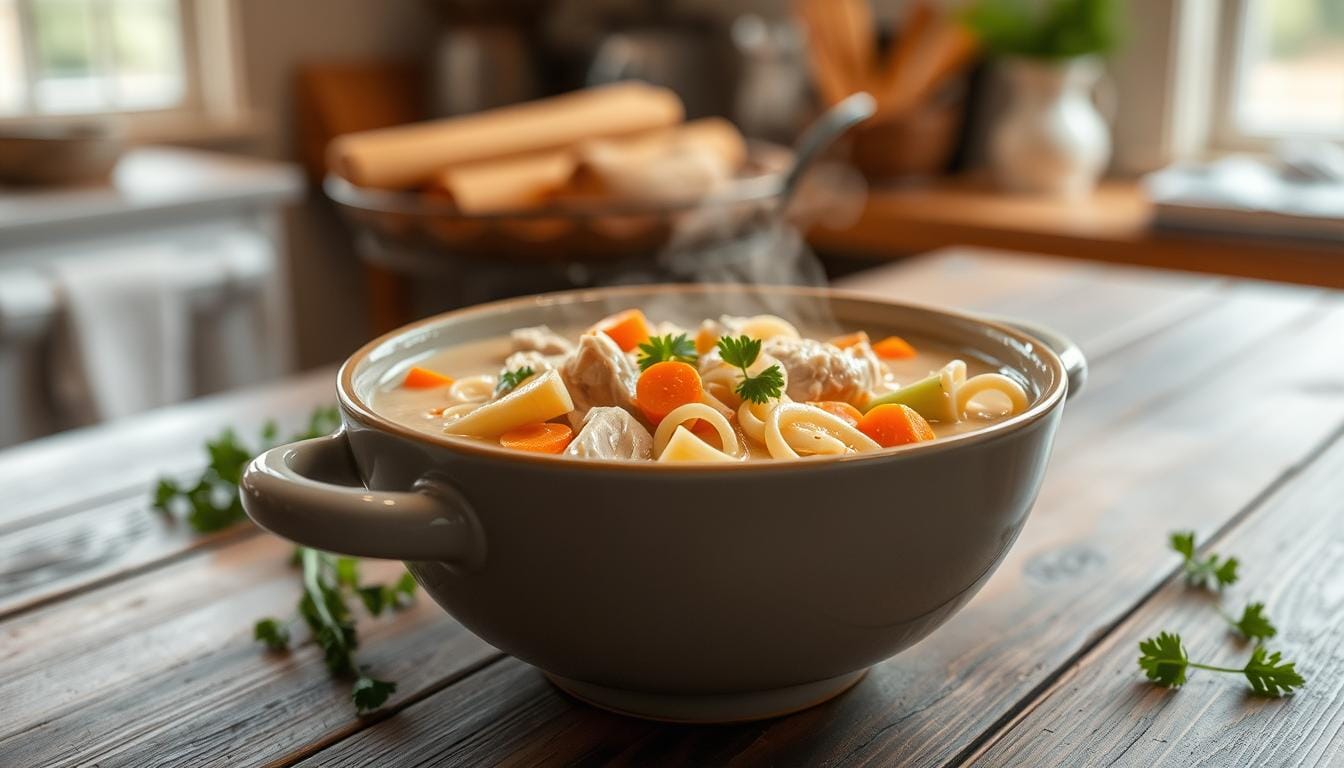 A bowl of Marry Me Chicken Noodle Soup garnished with fresh basil and Parmesan cheese.