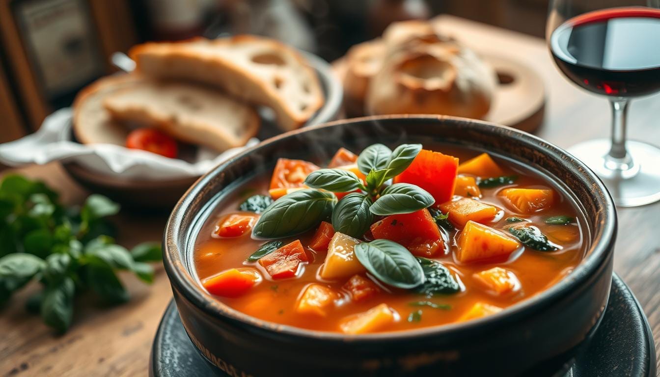 A bowl of creamy Marry Me Tuscan Soup garnished with fresh kale, sun-dried tomatoes, and Parmesan cheese on a rustic wooden table.