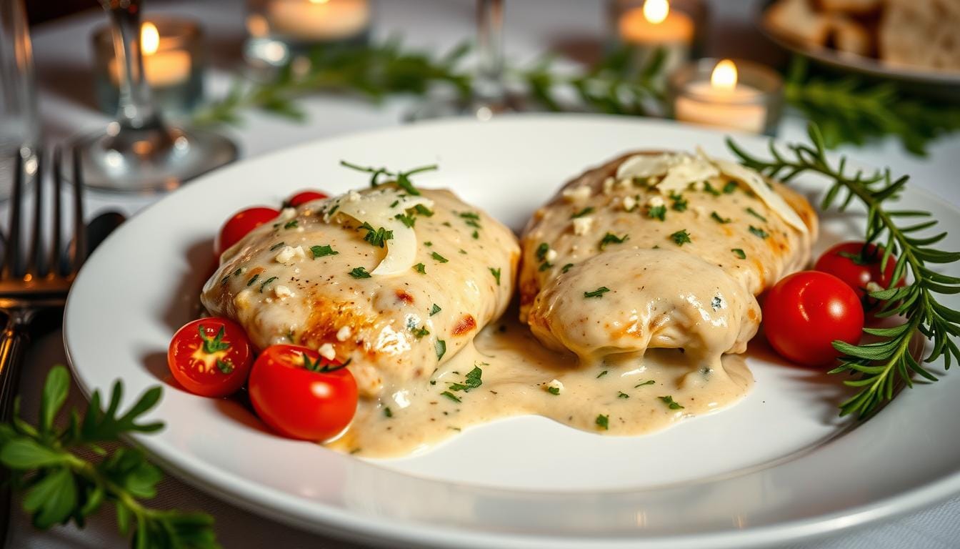 A plate of Marry Me Chicken featuring tender chicken breasts in a creamy sun-dried tomato and Parmesan sauce, garnished with fresh basil.