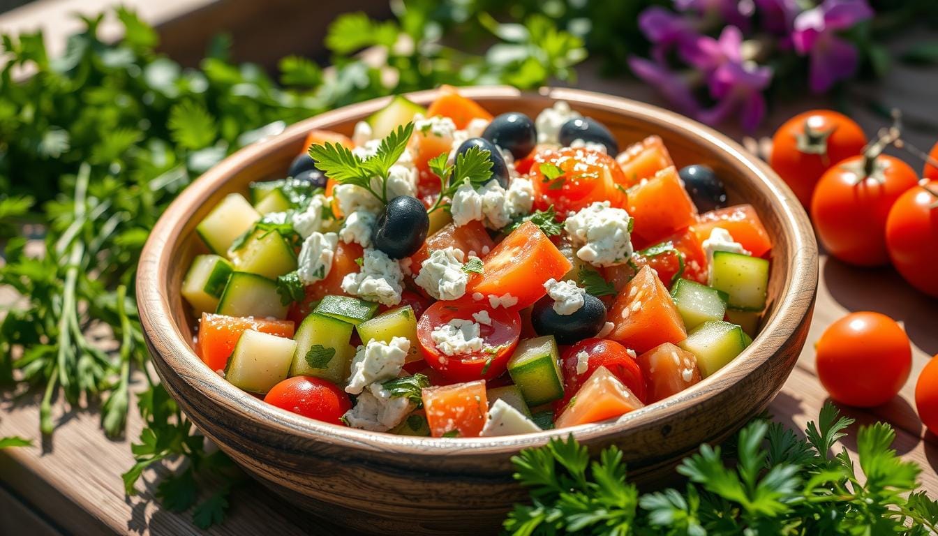 A colorful Mediterranean cucumber and tomato salad garnished with fresh herbs and feta cheese, served in a rustic ceramic bowl.