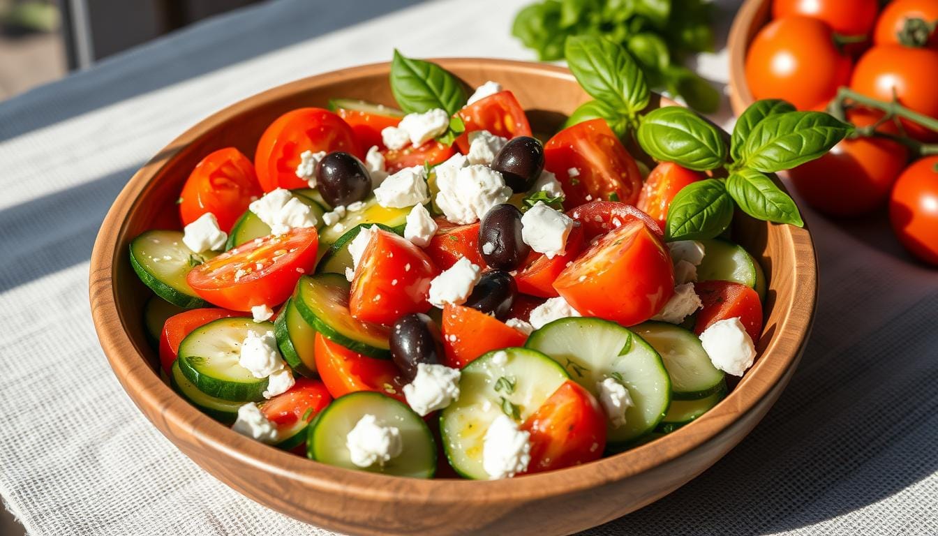 A bowl of Mediterranean cucumber tomato salad with diced cucumbers, ripe tomatoes, olives, and crumbled feta cheese, garnished with fresh herbs.