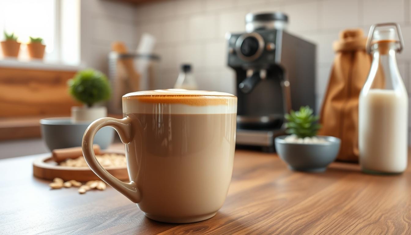 A steaming oat milk latte served in a ceramic cup with latte art, placed on a wooden table surrounded by coffee beans and oat stalks.