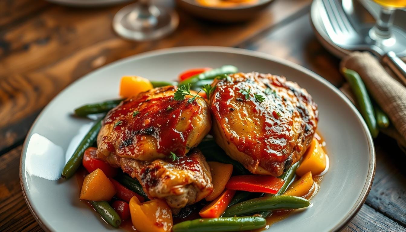 Juicy pan-seared chicken thighs garnished with fresh herbs in a cast-iron skillet, showcasing crispy skin and golden-brown perfection.