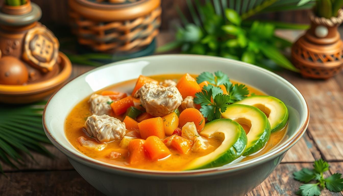 A steaming bowl of authentic Puerto Rican chicken soup garnished with fresh cilantro, featuring tender chicken, vibrant vegetables, and a rich broth.