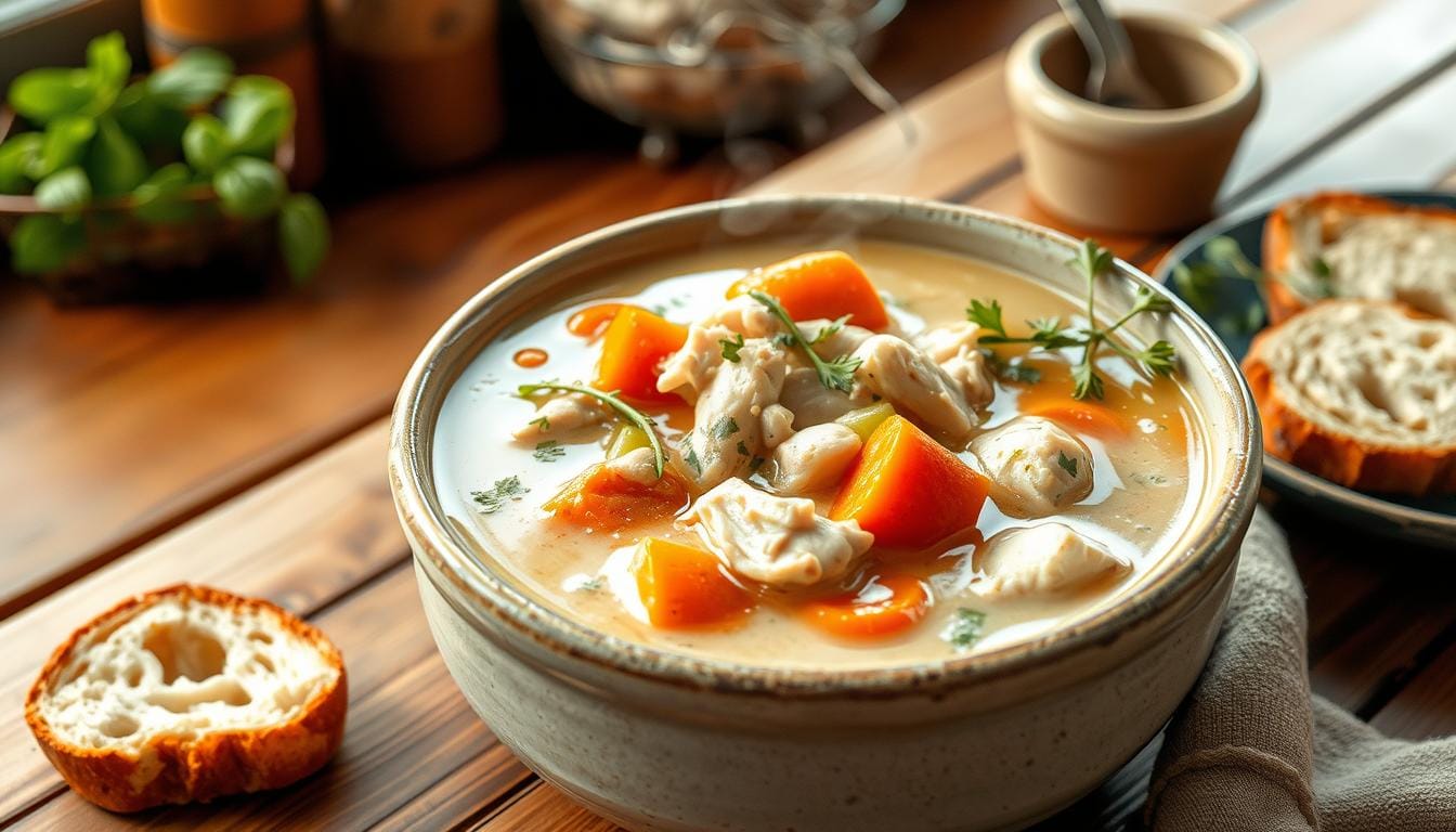 A bowl of Marry Me Chicken Soup, featuring creamy broth, shredded chicken, spinach, sun-dried tomatoes, and pasta, garnished with fresh basil.