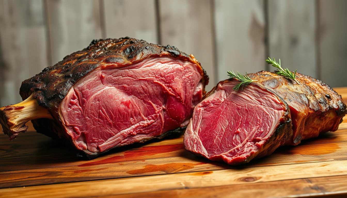 Close-up of a cooked rib roast and a prime rib side by side, showcasing their texture and marbling differences.