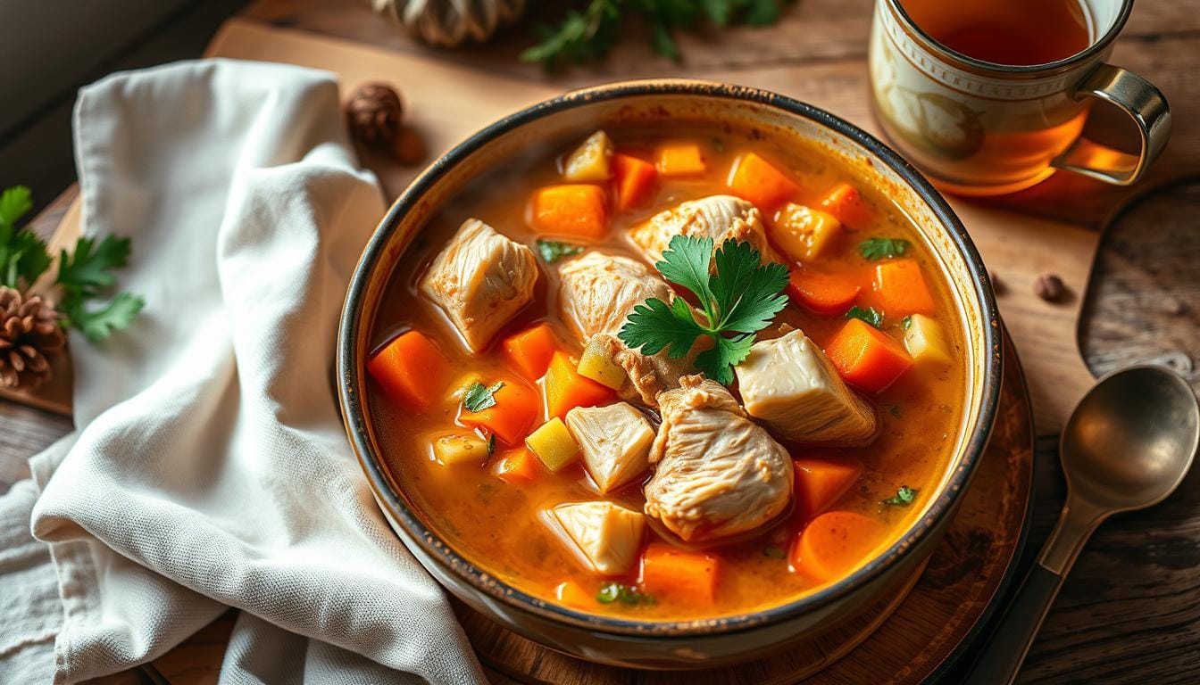 A steaming bowl of rotisserie chicken soup garnished with fresh parsley, featuring tender chicken pieces, colorful vegetables, and a rich broth.