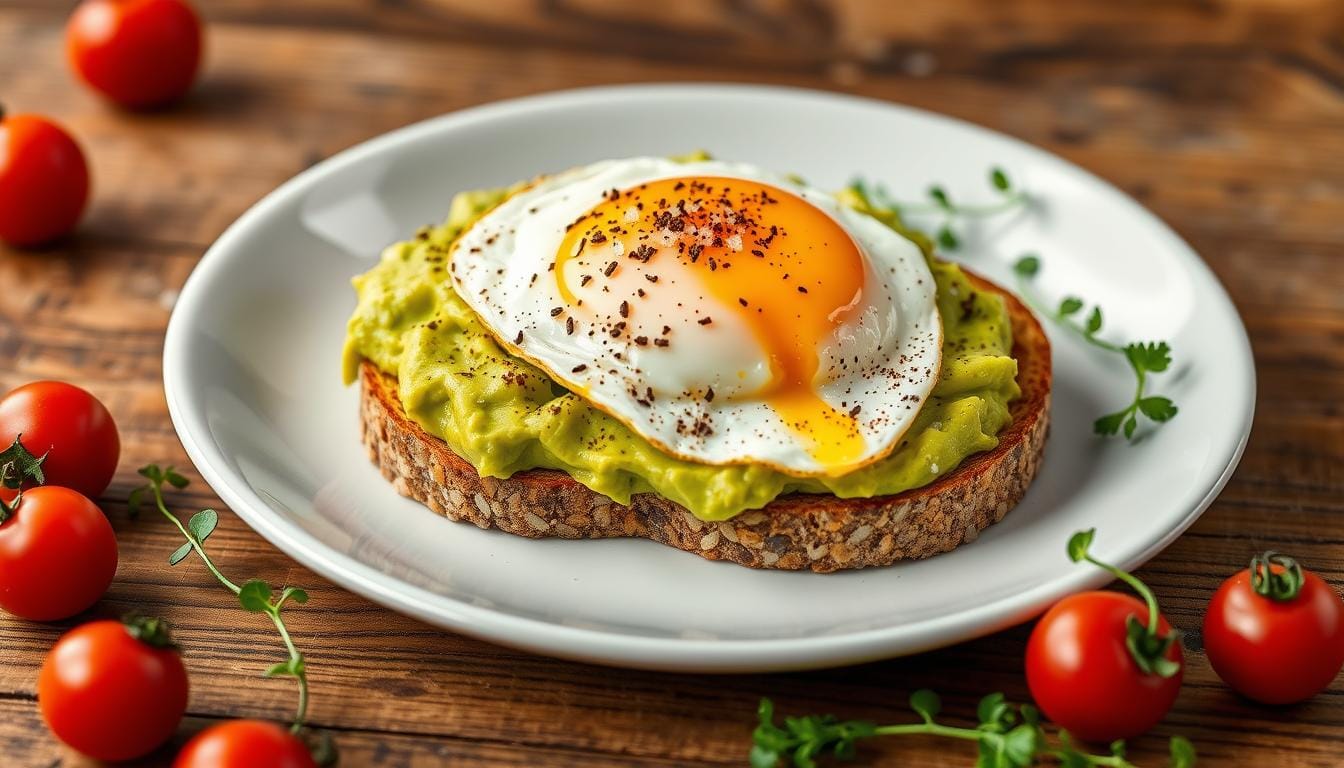 Simple avocado toast with a perfectly poached egg, garnished with fresh herbs and red pepper flakes, served on a rustic wooden plate.