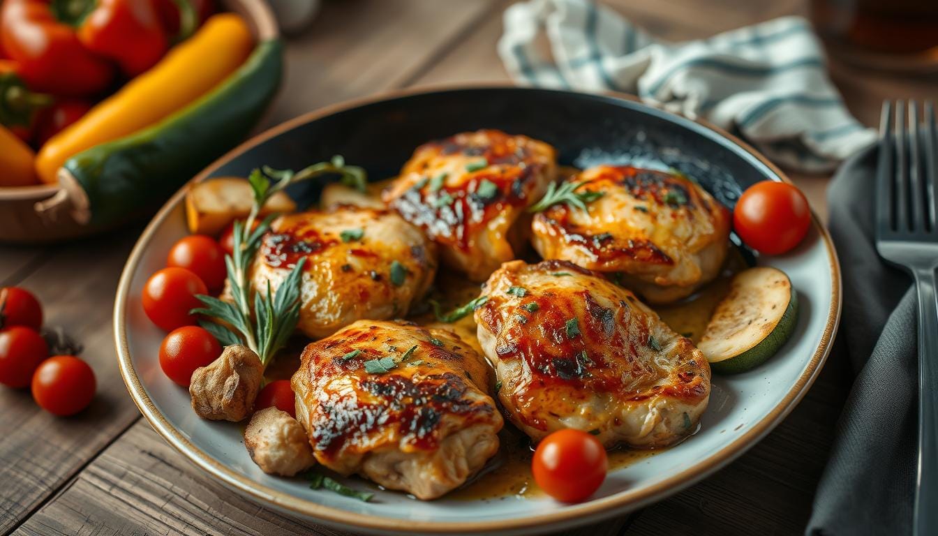 A skillet filled with golden-brown chicken thighs garnished with fresh herbs, served with vegetables, showcasing quick weeknight recipes.