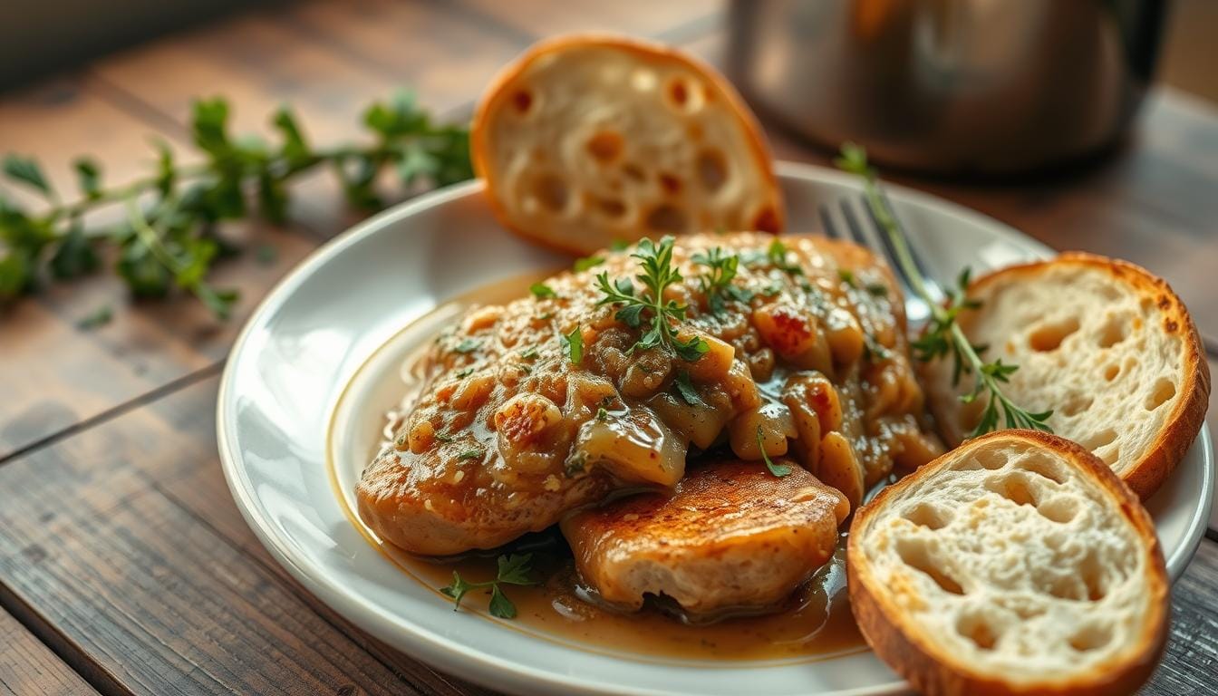 A beautifully plated slow cooked chicken with French onion soup, topped with melted cheese and garnished with fresh herbs.