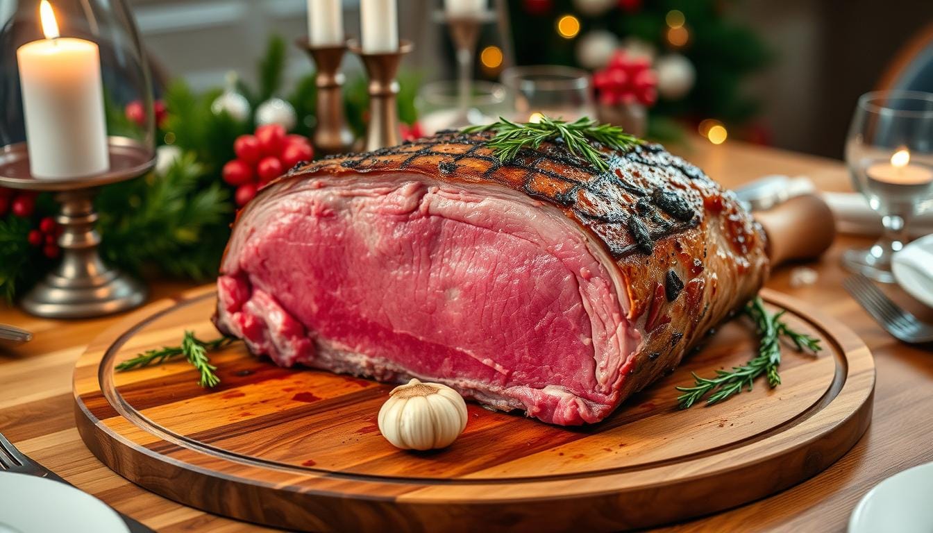 Perfectly seared sous vide prime rib roast garnished with fresh herbs, served on a festive holiday table.