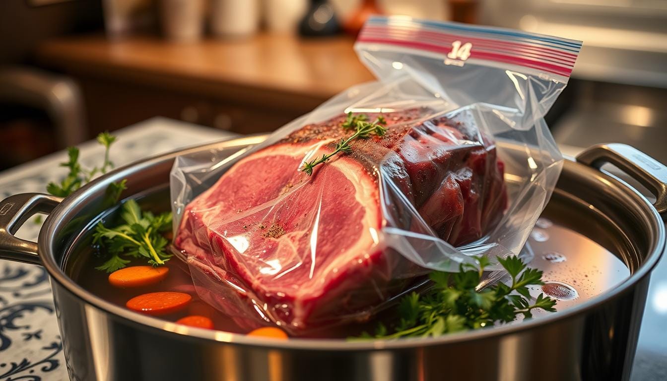 Juicy sous vide prime rib sliced to reveal a perfectly tender interior with a golden crust, garnished with fresh herbs on a wooden board.