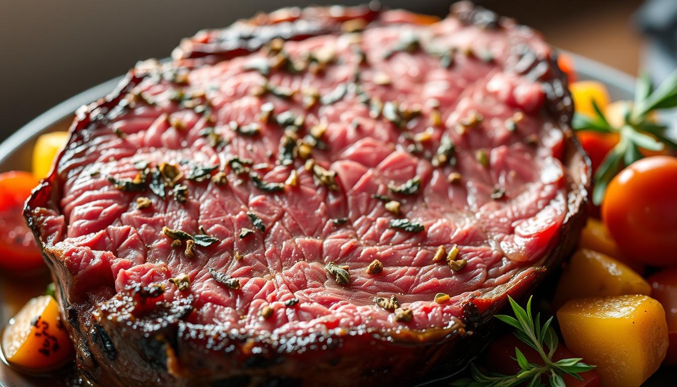 Tender and juicy sous vide rib eye roast sliced to reveal a perfectly cooked, medium-rare interior, garnished with herbs.