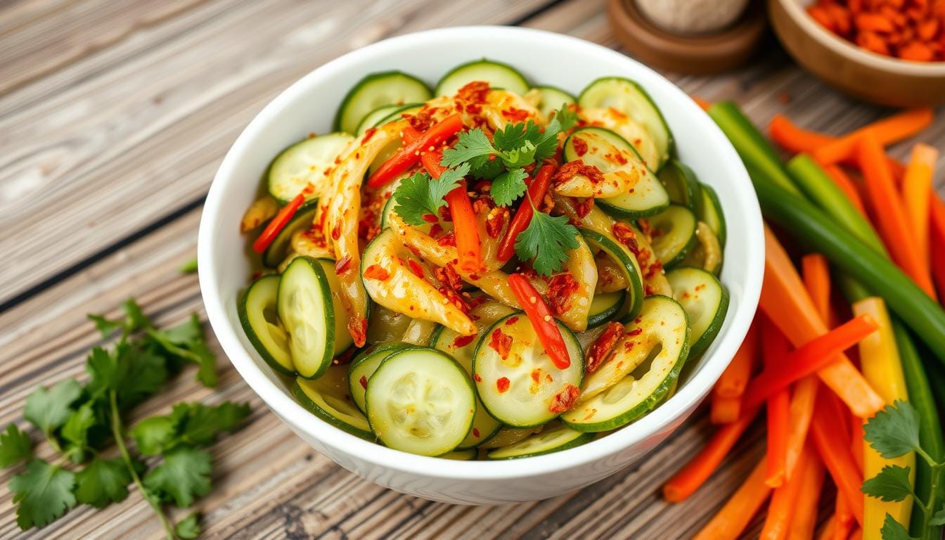 A bowl of Spicy Asian Cucumber Salad garnished with sesame seeds and fresh cilantro.