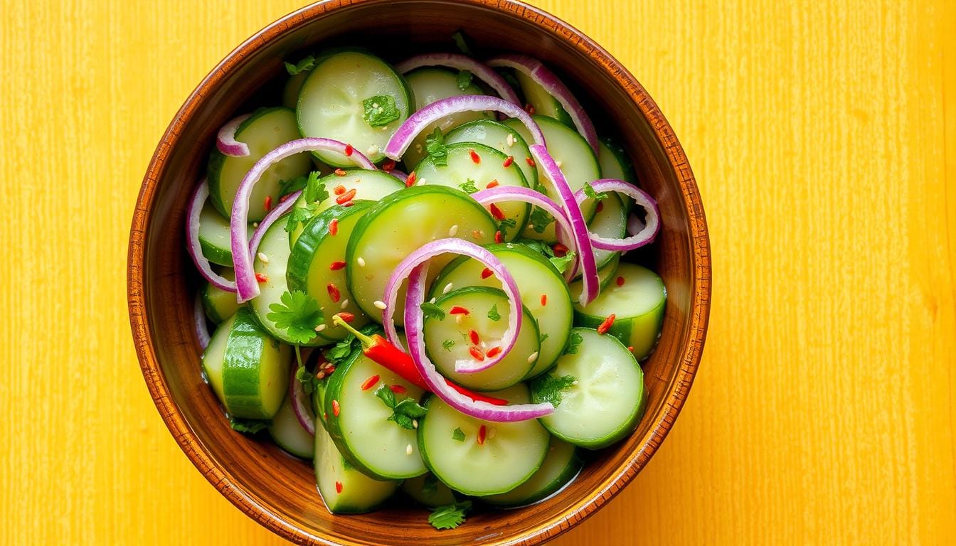 Fresh and vibrant zesty spicy cucumber salad garnished with chili flakes, sesame seeds, and fresh herbs, served in a rustic bowl.