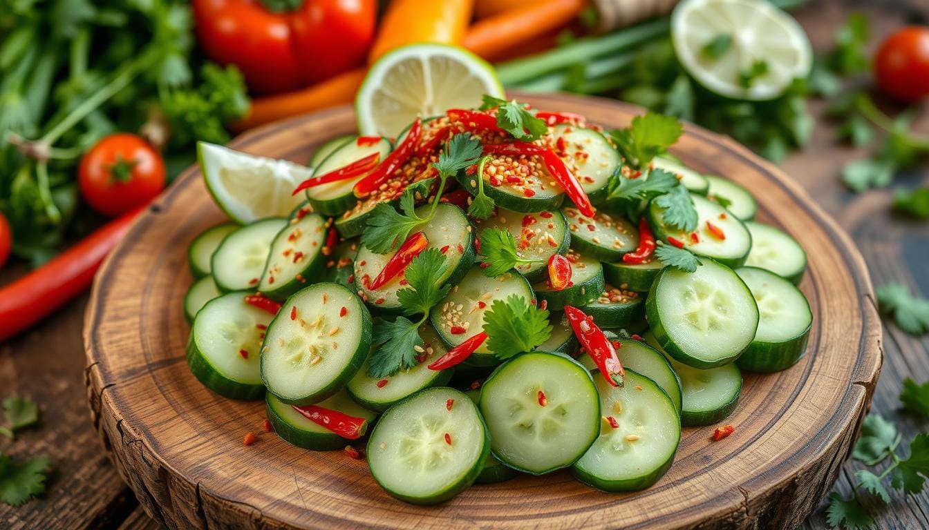 A vibrant bowl of spicy cucumber salad garnished with sesame seeds, chili flakes, and fresh herbs, showcasing its tangy and flavorful appeal.