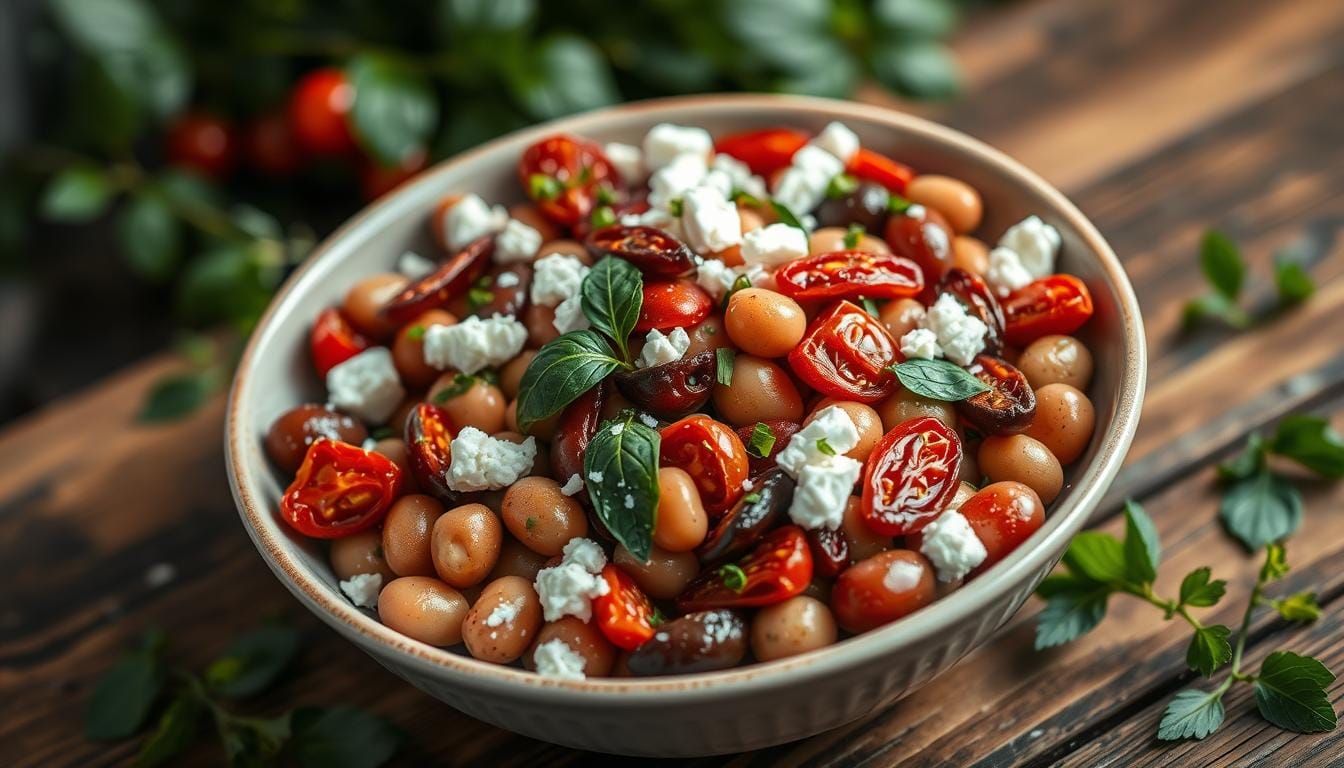 A bowl of sun dried tomato dense bean salad with colorful beans, sun-dried tomatoes, fresh herbs, and a drizzle of vinaigrette.