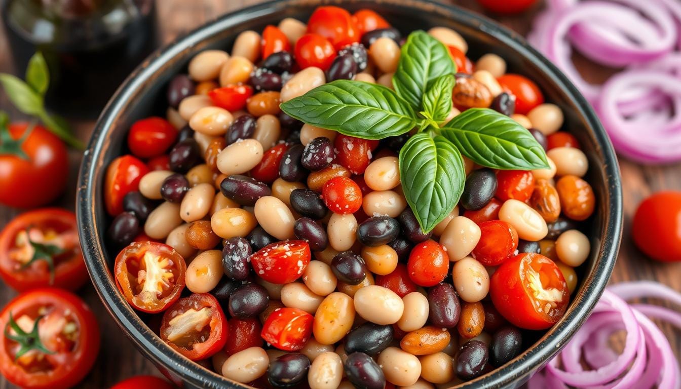 A vibrant sun-dried tomato dense bean salad with mixed beans, sun-dried tomatoes, fresh herbs, and a drizzle of vinaigrette.