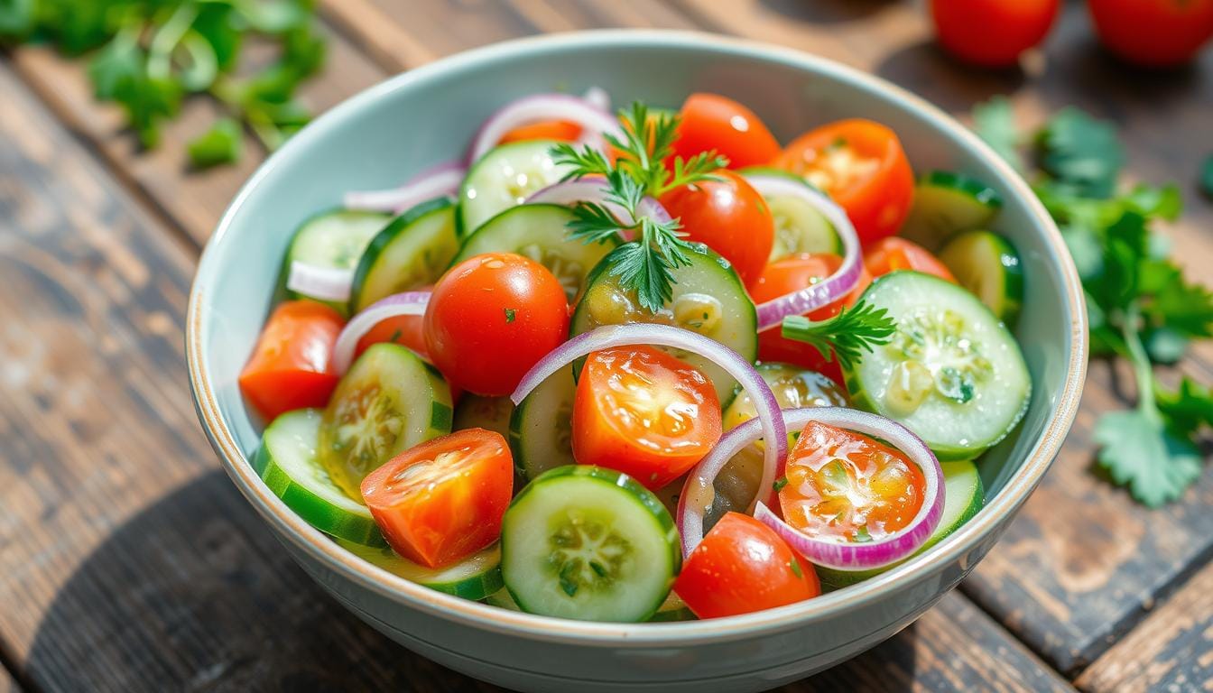 A bowl of Tangy TikTok Cucumber Salad garnished with fresh herbs, showcasing vibrant cucumber slices and a tangy dressing.