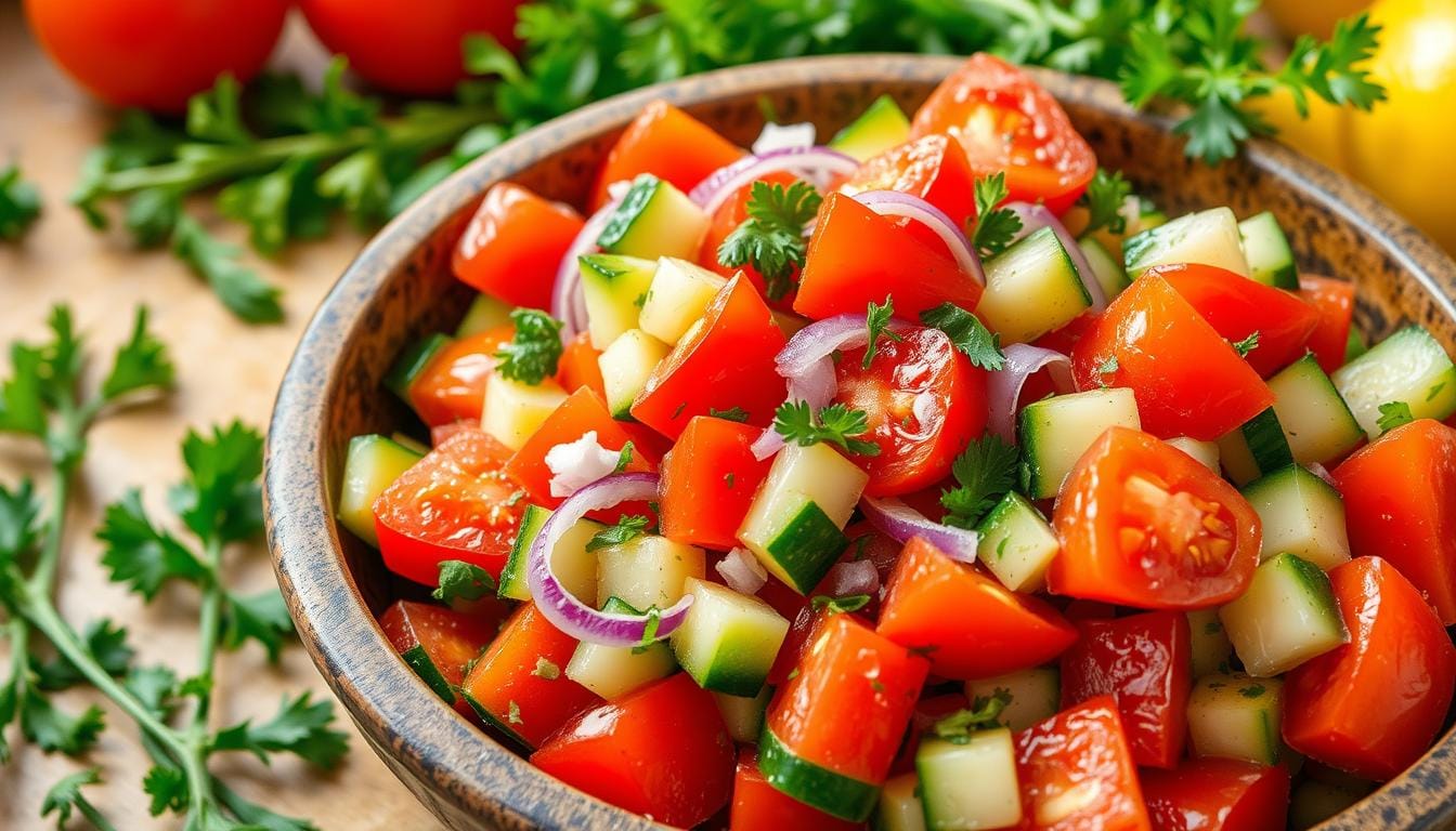 A colorful Mediterranean tomato cucumber salad with fresh tomatoes, cucumbers, red onions, olives, and a sprinkle of parsley, drizzled with olive oil.