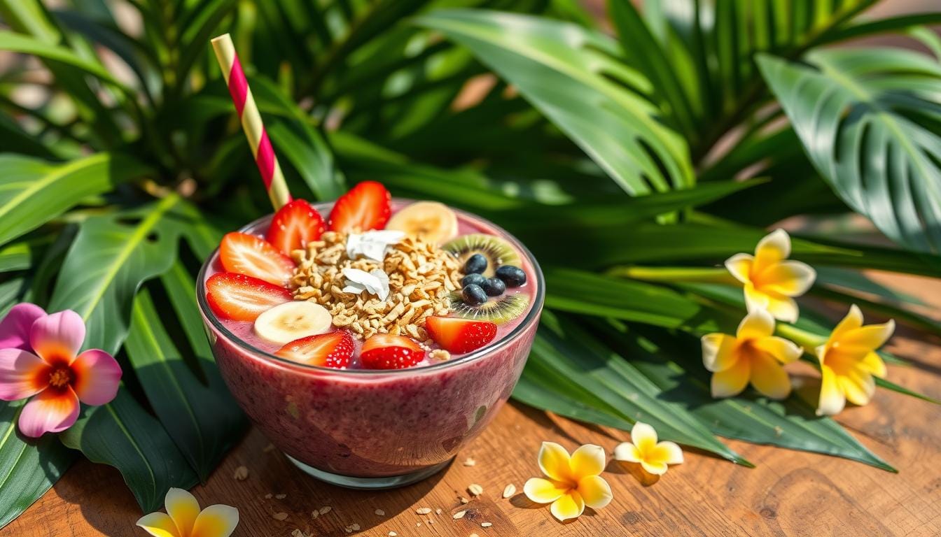 A vibrant tropical smoothie acai bowl topped with fresh fruits, granola, and coconut flakes.