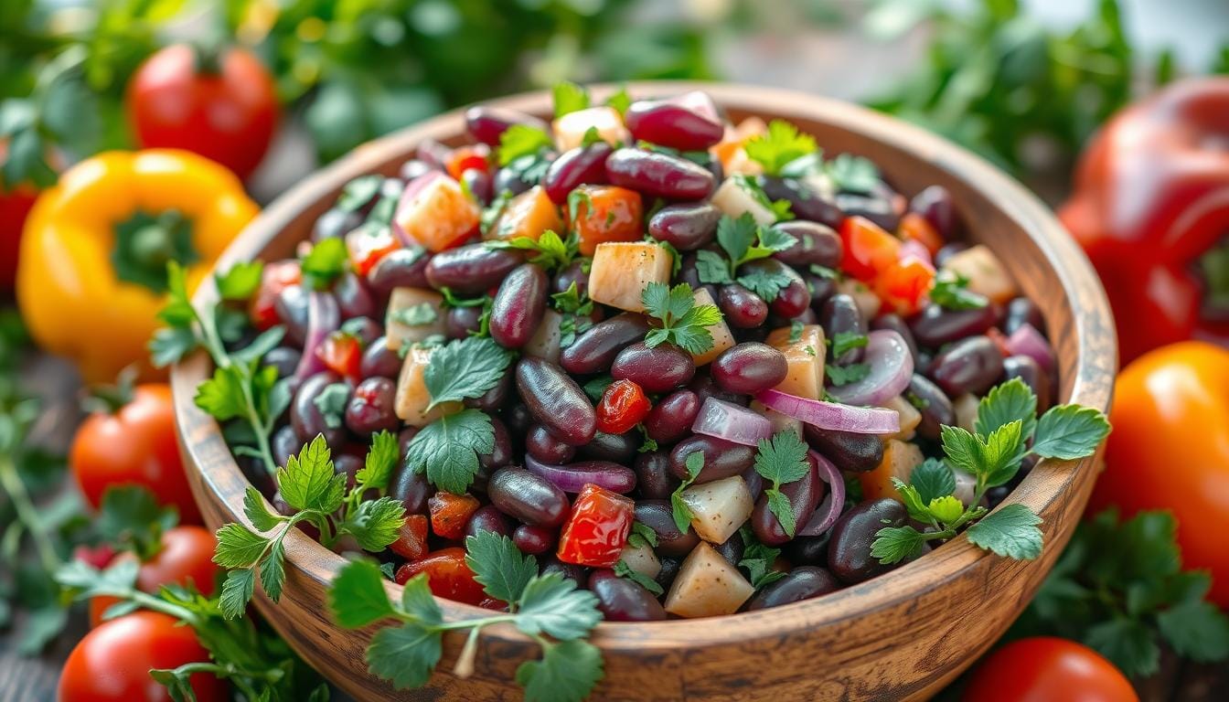 A colorful Dense Bean Salad featuring a mix of beans, vibrant vegetables, and fresh herbs, inspired by Violet Witchel's viral Reddit recipe.