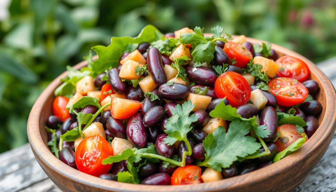 A colorful Violet Witchel Dense Bean Salad featuring a mix of beans, fresh vegetables, and herbs, garnished with a light vinaigrette.