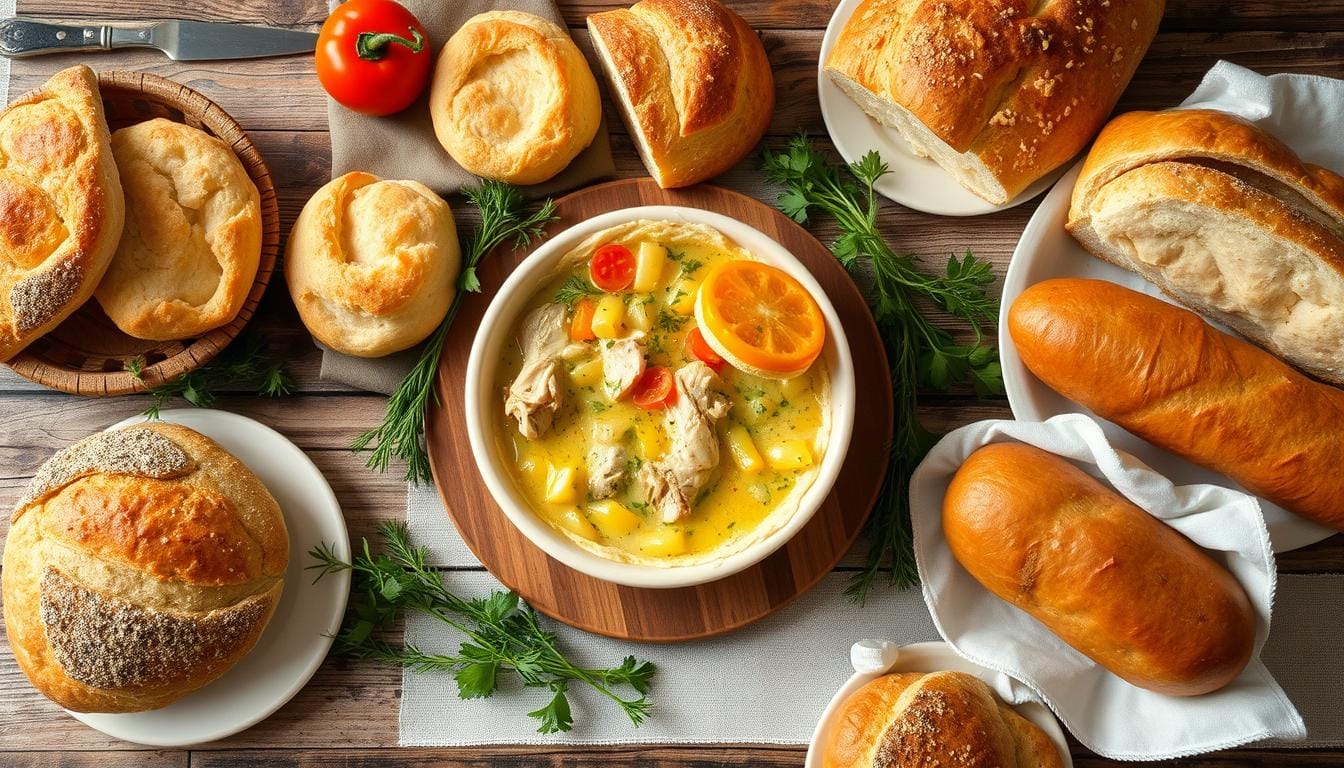 Assorted bread options like biscuits, sourdough, and garlic bread paired with a creamy chicken pot pie on a rustic table.