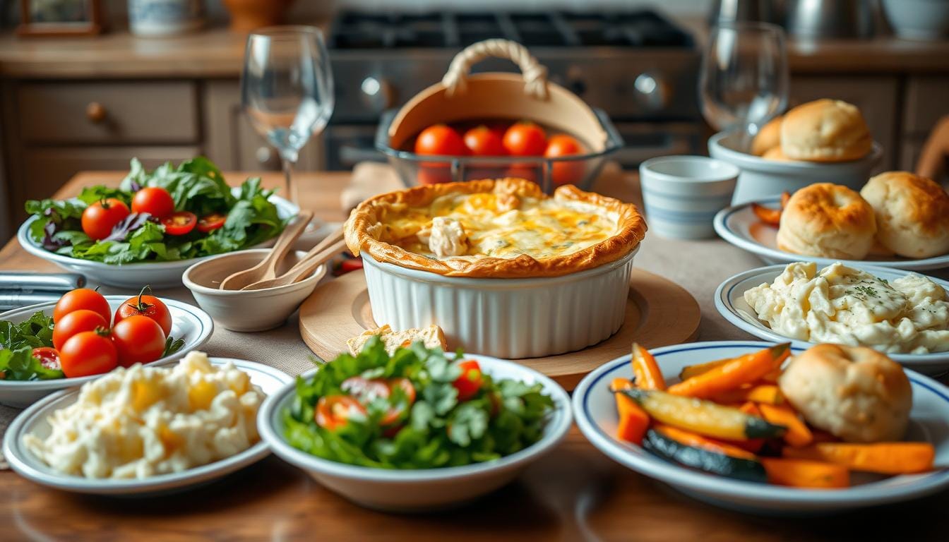 A slice of chicken pot pie served with roasted Brussels sprouts and mashed potatoes on a rustic wooden table.