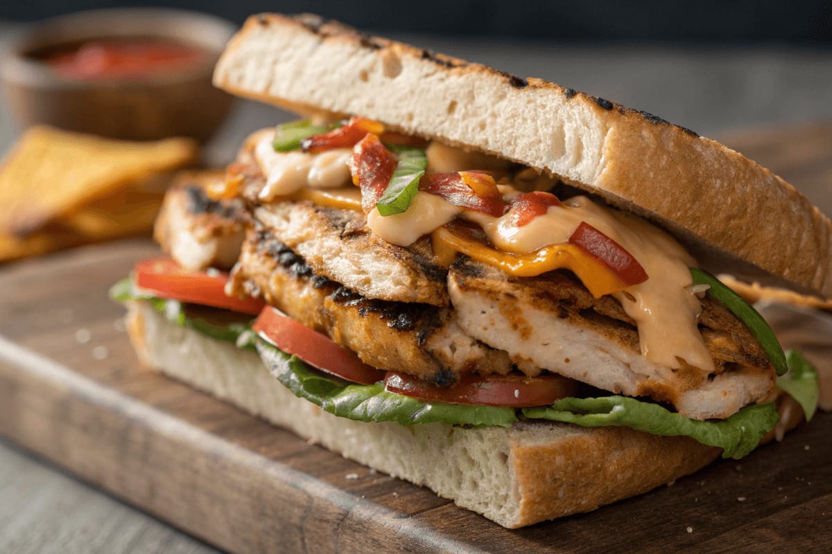 A delicious Chipotle Chicken Sandwich served on a toasted bun with fresh lettuce, tomatoes, and a drizzle of chipotle mayo.