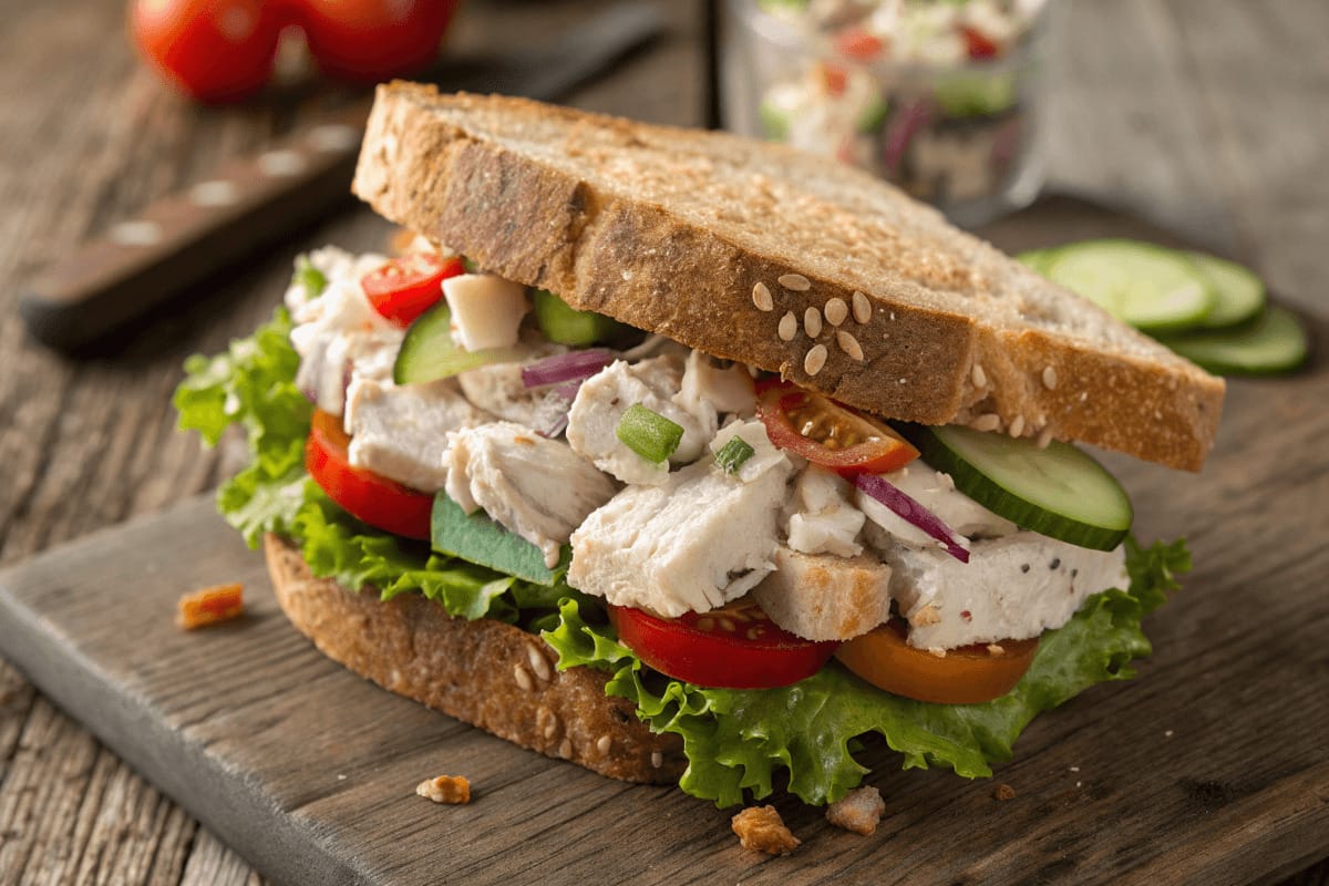 A freshly made chicken salad sandwich on whole grain bread, garnished with lettuce and tomatoes, served on a wooden plate.