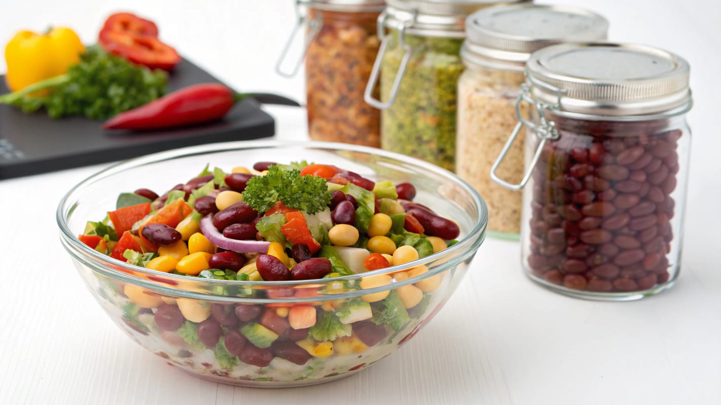 A neatly stored dense bean salad in an airtight glass container, with fresh ingredients visible, placed in a well-organized refrigerator.