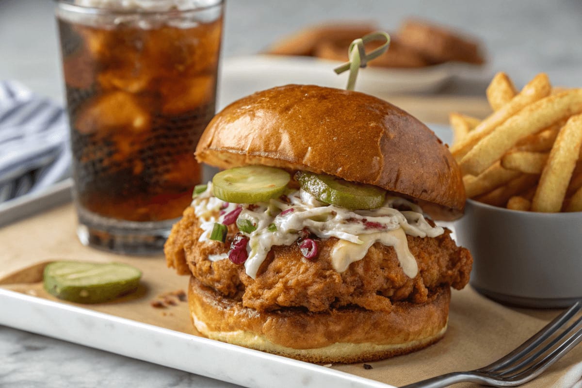 Golden crispy fried chicken drizzled with spicy hot honey, topped with fresh pickles and coleslaw, served on a toasted brioche bun.