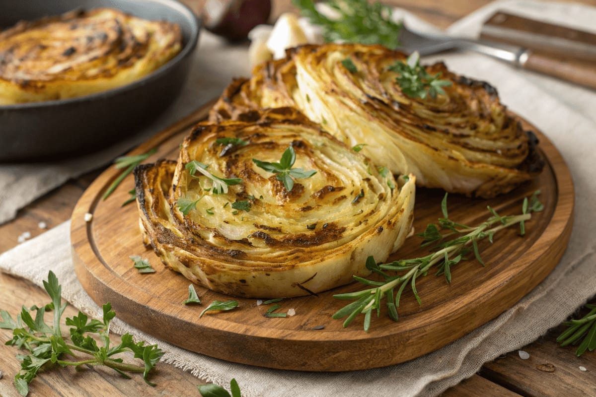 Golden-brown roasted cabbage steaks garnished with fresh herbs on a rustic wooden platter.