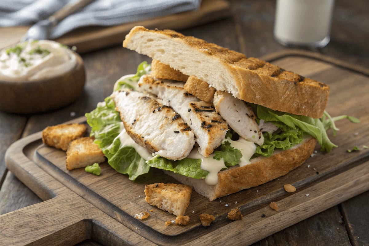 A perfectly assembled Chicken Caesar Sandwich with golden toasted bread, juicy grilled chicken, crisp Romaine lettuce, Parmesan shavings, and creamy Caesar dressing, served on a wooden board.