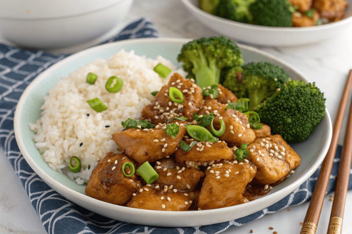 A plate of Easy Instant Pot Honey Garlic Chicken, garnished with sesame seeds and green onions, served with steamed rice.