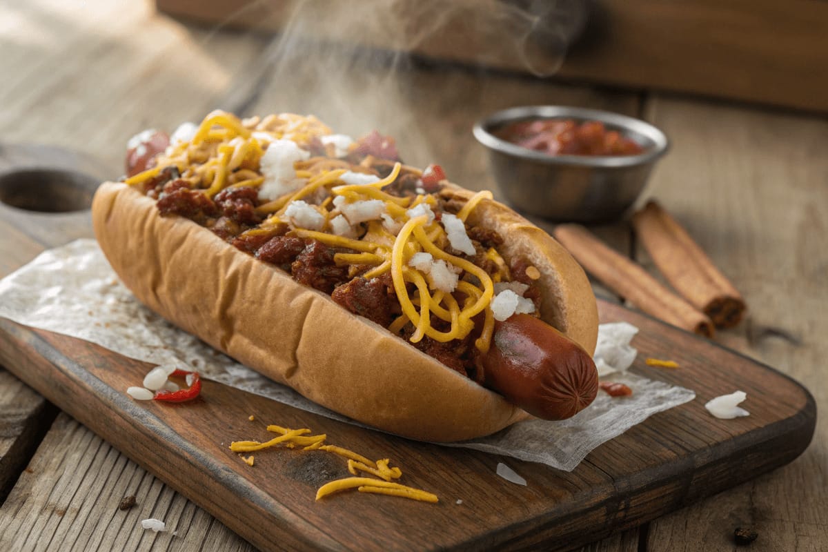 A delicious homemade hot dog chili served over a grilled hot dog in a soft bun, topped with shredded cheese and diced onions.