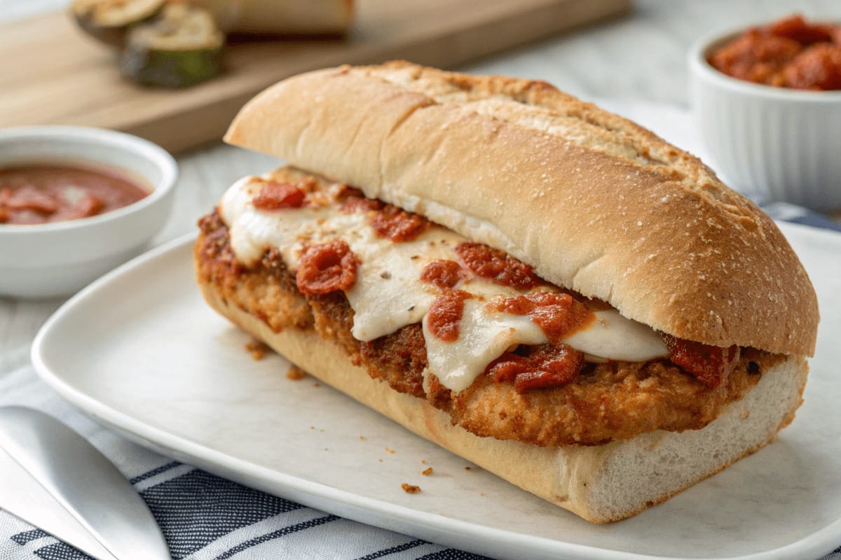 A delicious Chicken Parmigiana Sandwich with crispy breaded chicken, marinara sauce, and melted mozzarella cheese in a toasted hoagie roll.