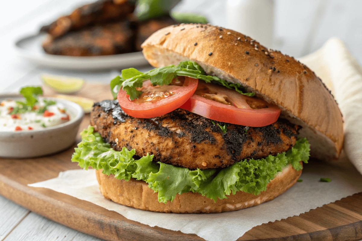 A perfectly blackened chicken sandwich with a crispy, seasoned crust, served on a toasted brioche bun with lettuce, tomato, and aioli.