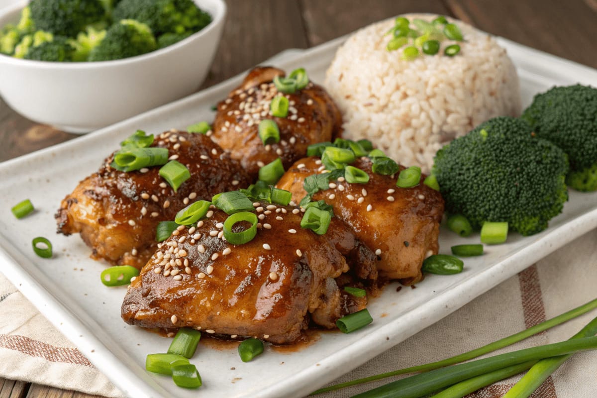 Juicy honey garlic chicken thighs glazed with a sweet and savory sauce, garnished with sesame seeds and green onions, served on a plate.