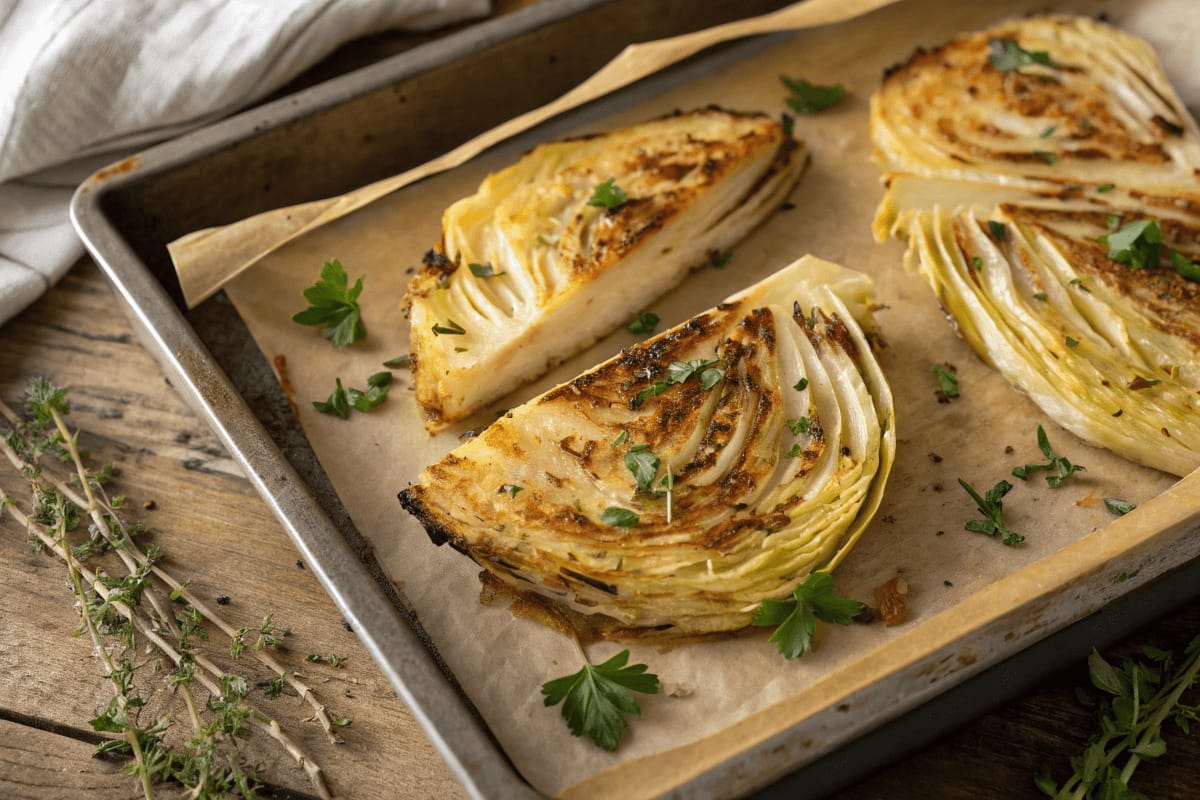 Golden-brown roast cabbage wedges with crispy edges, seasoned with herbs and spices, served on a rustic baking sheet.