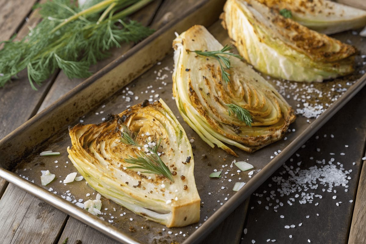 Golden-brown roasted cabbage wedges on a baking tray, garnished with fresh herbs and sea salt, served as a simple and tasty side dish.