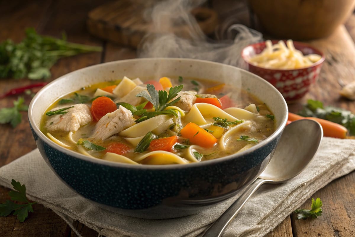 A steaming bowl of chunky chicken noodle soup with thick-cut chicken pieces, wide egg noodles, carrots, and celery, garnished with fresh parsley.