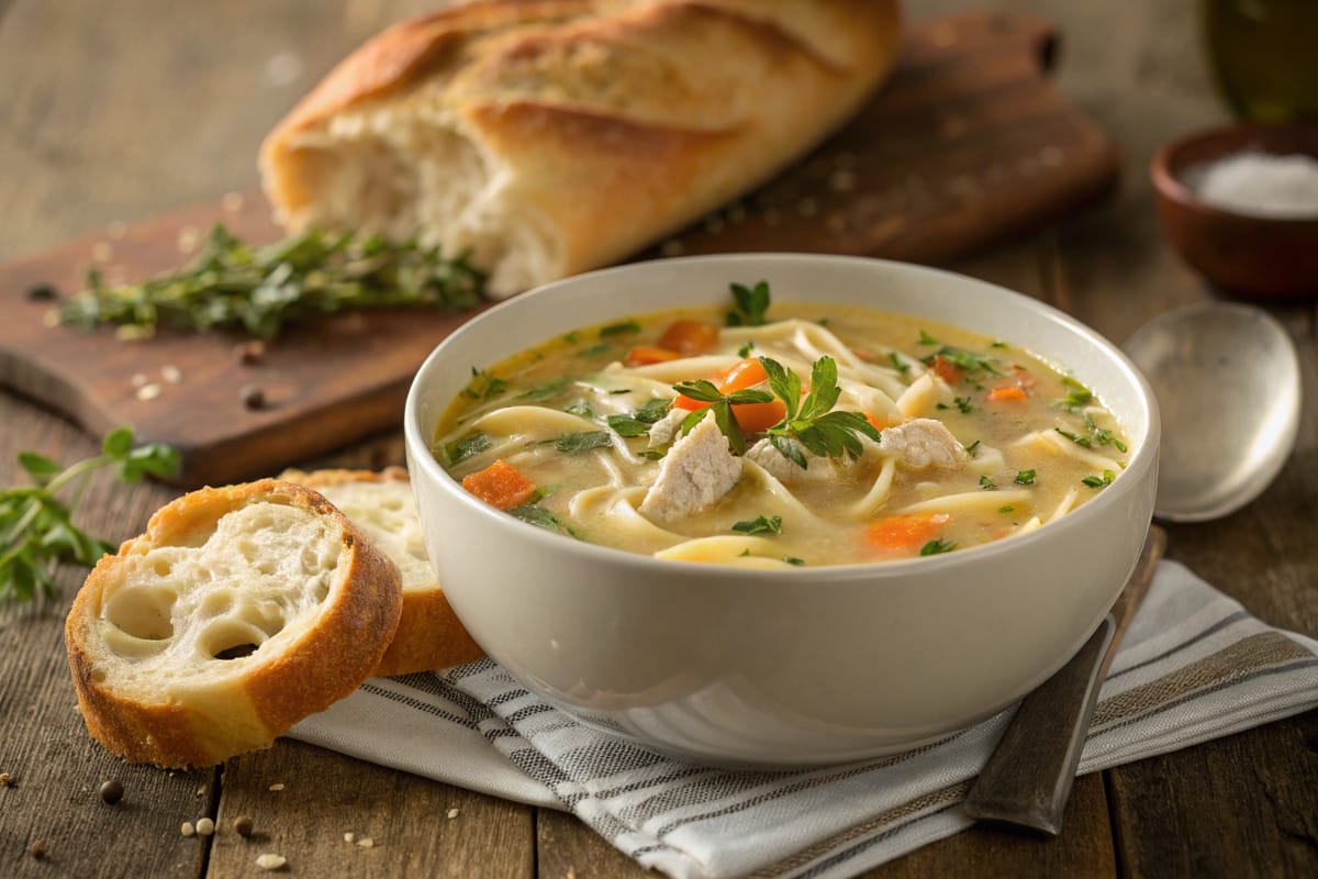 A steaming bowl of creamy chicken noodle soup with tender chicken, egg noodles, and fresh herbs, served in a rustic white bowl.