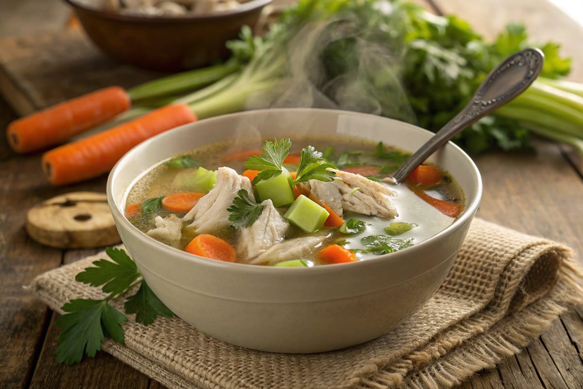 A steaming bowl of wholesome whole foods chicken soup filled with tender chicken, vibrant vegetables, and fresh herbs, served in a rustic setting.