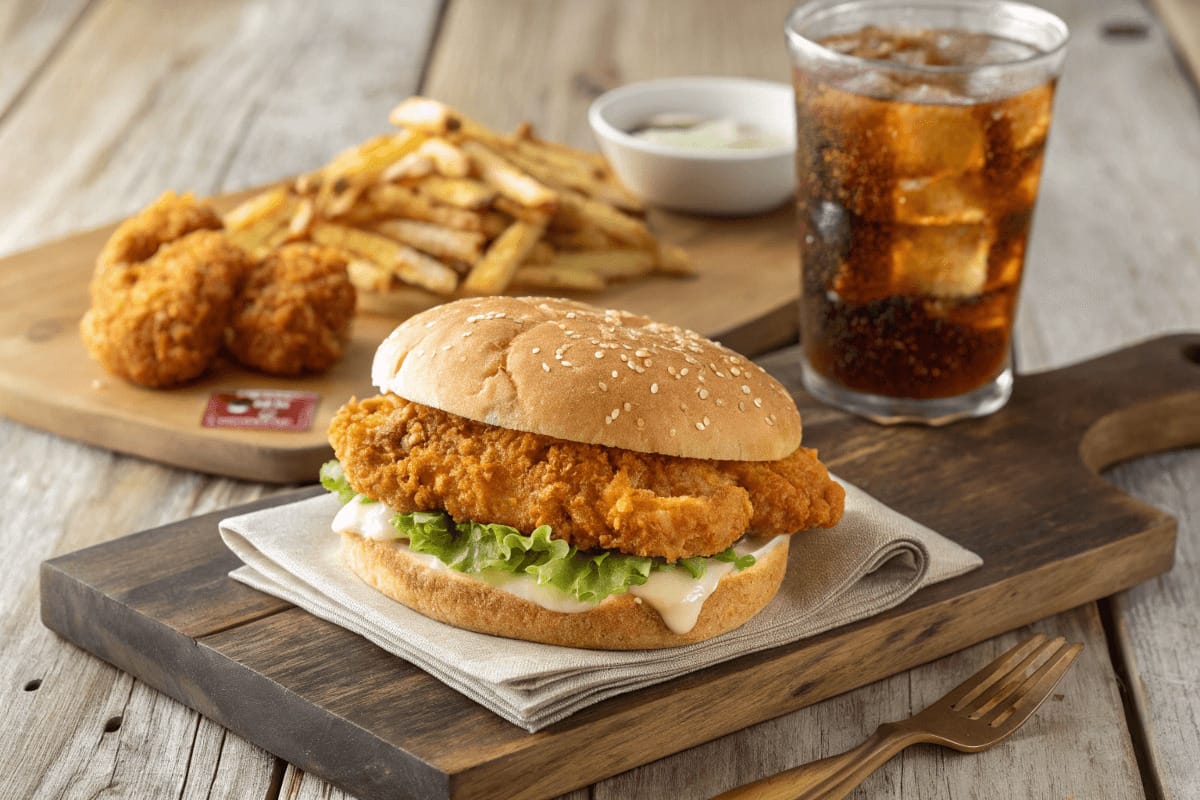 A crispy Tyson Spicy Chicken Sandwich with a golden-brown breaded chicken fillet on an artisan bun, served with fries and a cold drink.