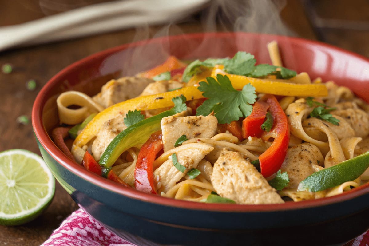 A delicious plate of creamy chicken fajita pasta, featuring tender chicken, colorful bell peppers, and a rich, flavorful sauce, garnished with fresh cilantro and a lime wedge.