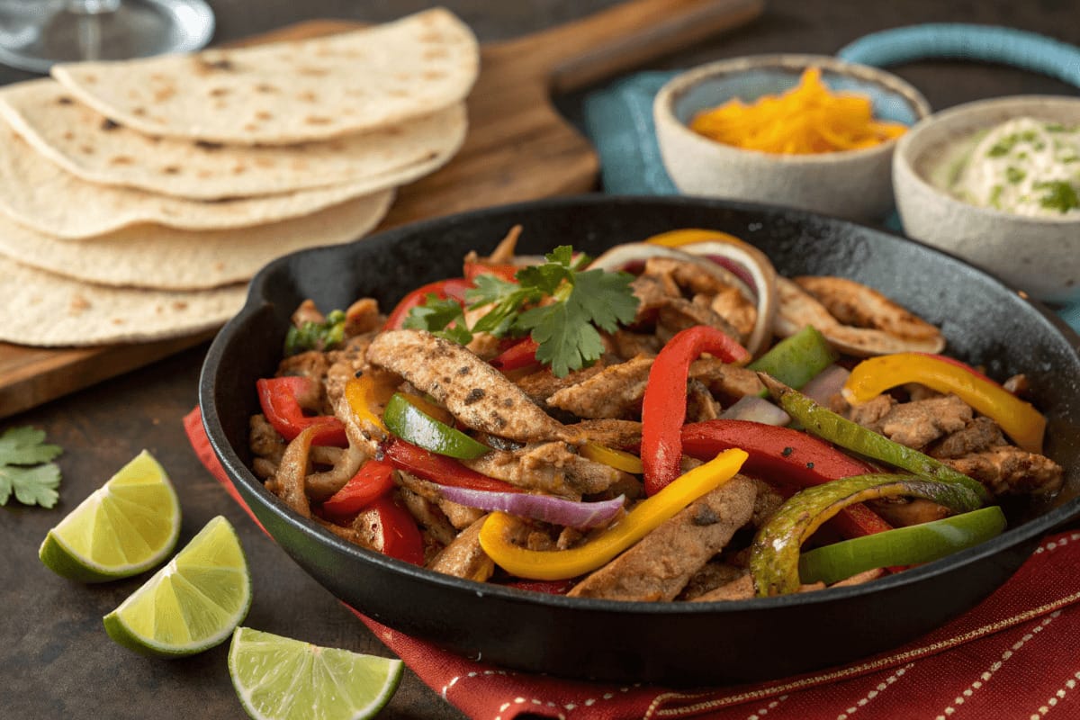 A sizzling skillet filled with juicy chicken and steak fajitas, colorful bell peppers, and onions, garnished with fresh cilantro and lime wedges.