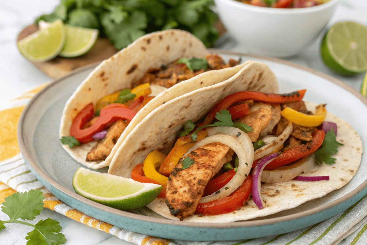 Juicy air fryer chicken fajitas with bell peppers and onions served in a warm tortilla, garnished with fresh cilantro and lime.